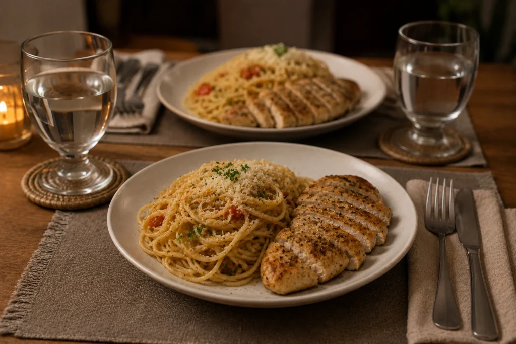Jantar rápido para duas pessoas com ingredientes básicos