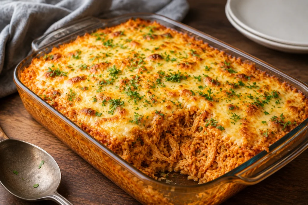 Receita de arroz de forno econômico com frango desfiado